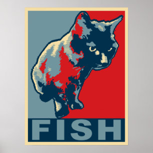 Poster Gato Negro Faminto por Peixe - Vermelho e Azul Pop