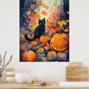 Poster Gato Negro Halloween Com Abóboras Assustados