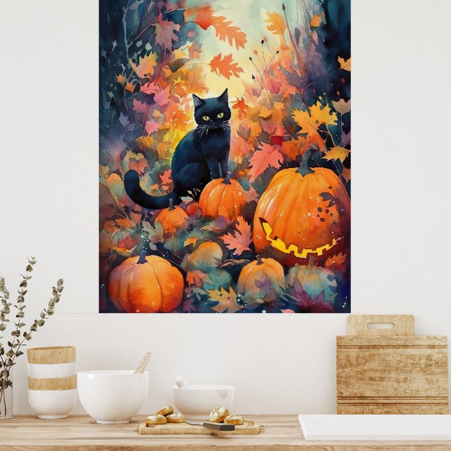 Poster Gato Negro Halloween Com Abóboras Assustados (Cozinha)