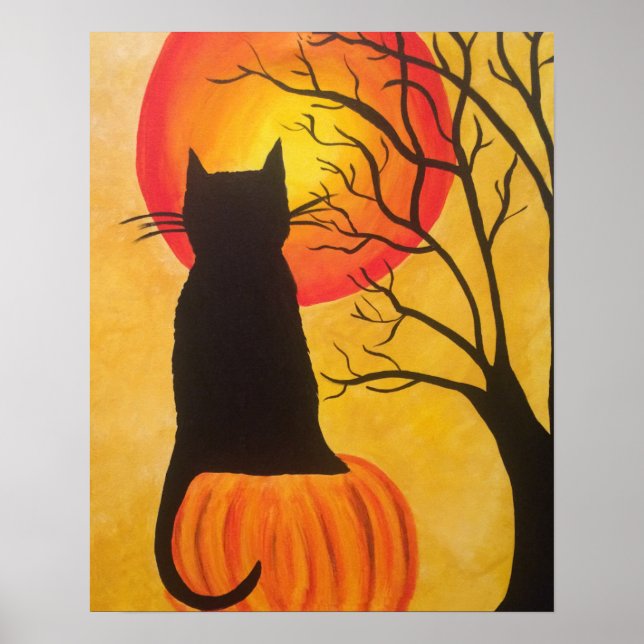 Póster Gato Negro Halloween na Pumpkin (Frente)
