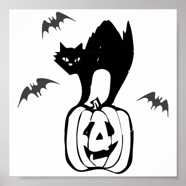 Póster Gato Negro Halloween na Pumpkin (Frente)