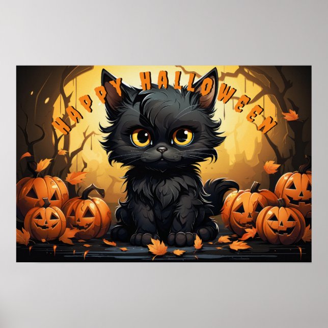 Poster Gato Negro Halloween Sentado Com Lanteras De Jack  (Frente)