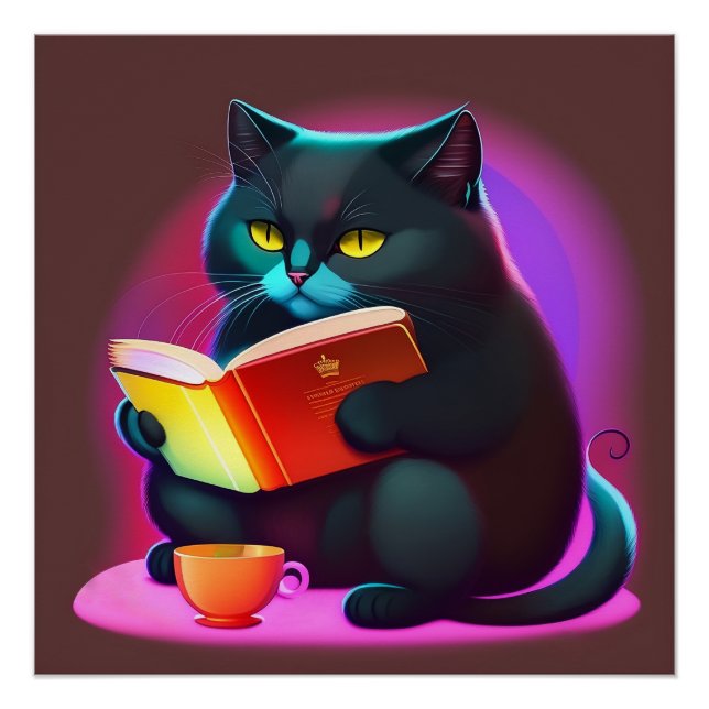 Póster Gato Negro Lendo Poster de Livro (Frente)