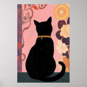 Poster Gato Negro Místico em Fundo de Abstrato Rosa