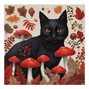 Póster Gato Negro na Floresta do outono