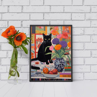 Poster Gato Negro na mesa com livros flores fruta