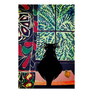 Póster Gato Negro no Poster brilhante da janela