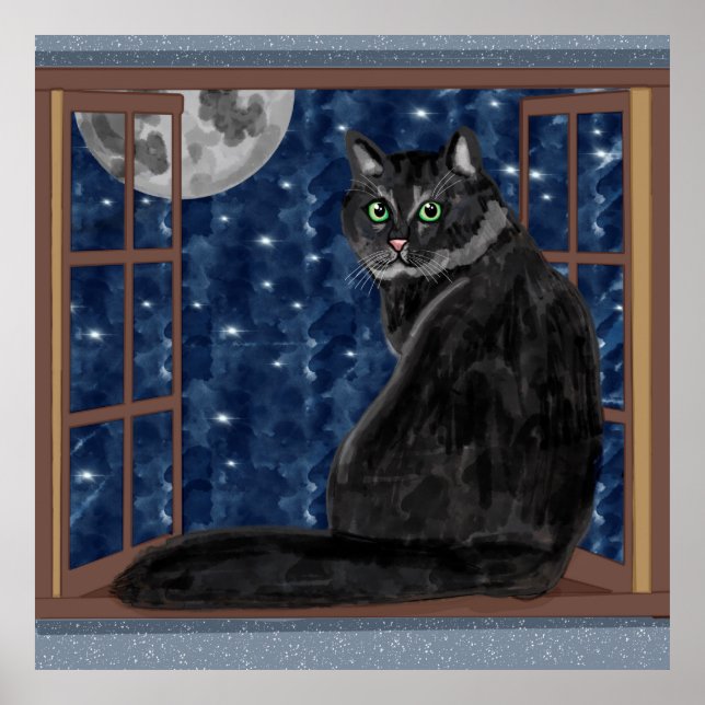 Poster Gato Negro Olhando para a Lua e as Estrelas (Frente)