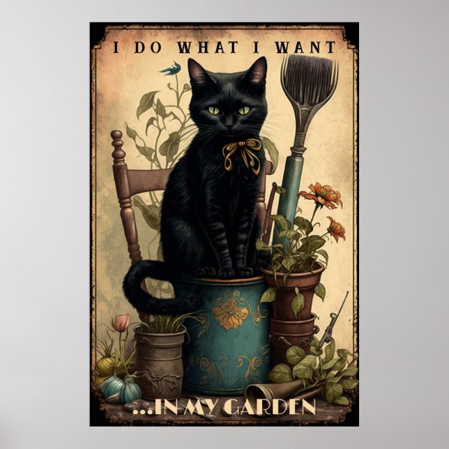 Poster Gato Negro sentado no jardim (Frente)