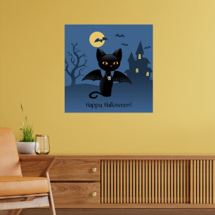 Póster Gato Negro Vampiro do Halloween com Asas