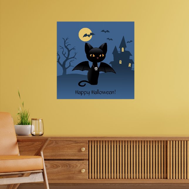 Póster Gato Negro Vampiro do Halloween com Asas (Sala de Estar 2)