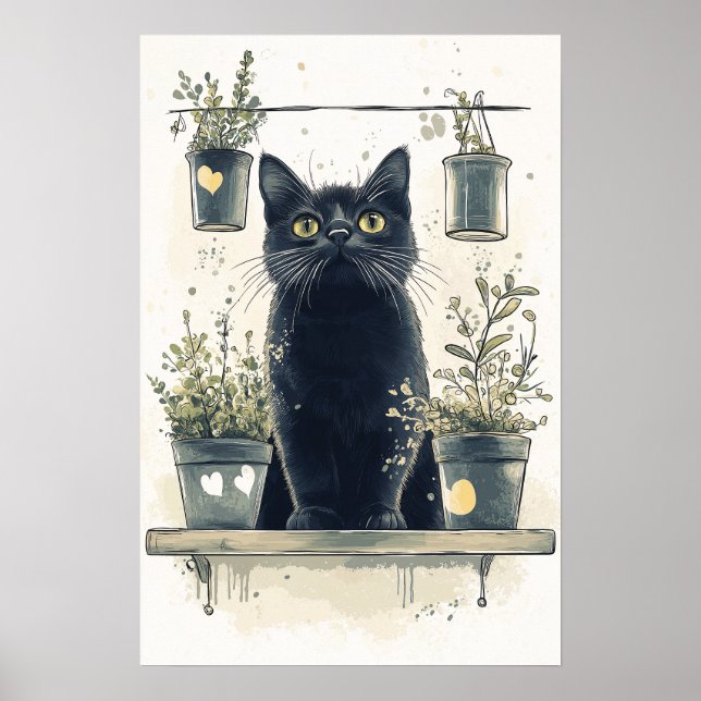 Poster Gato Negro Whimsso numa Prateleira Vegetal (Frente)