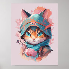 Poster Gato Ninja de Cubo de Aquarela