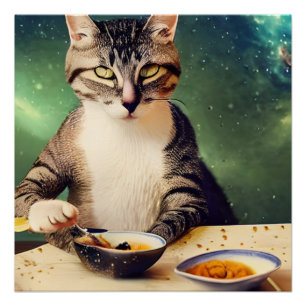 Póster Gato no Espaço Comendo Arte Gerada AI