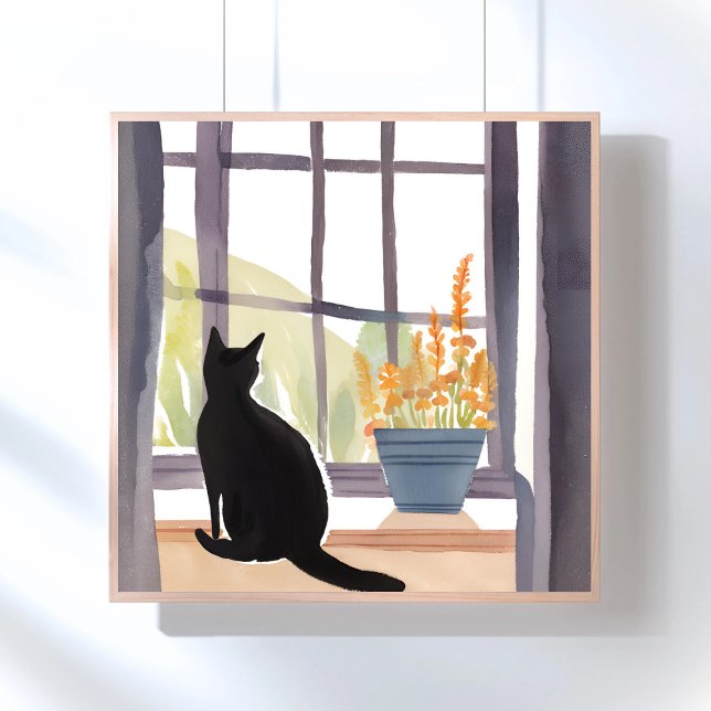 Póster Gato no parapeito da janela | Silhueta Aquarela  (Criador carregado)