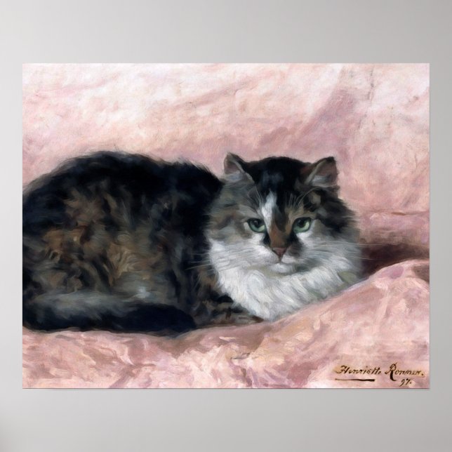 Póster Gato no Travesseiro rosa por Henriëtte Ronner-Knip (Frente)