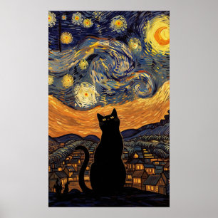 Poster Gato Noturno Estrelado Inspirado em Van Gogh Céu E