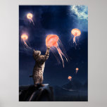 Poster Gato Novidade e Arte do Surrealismo das Peixes-Gel<br><div class="desc">Novidade da manipulação de Photoshop Gato e arte de surrealismo de água-viva voadora para amantes de gatos!</div>