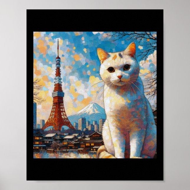 Poster Gato Observando a Torre de Tóquio Com o Monte Fuji (Frente)