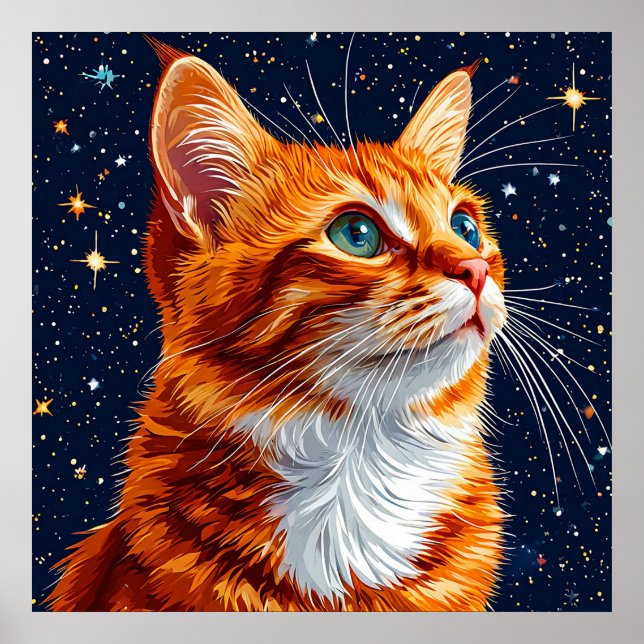 Poster Gato Olhando para um Céu Cósmico Estrelado (Frente)