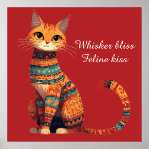 Poster Gato Ornamental Decorativo com Flores Arte Boho