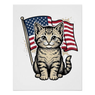 Póster Gato Patriótico com Vetor Vintage de Bandeira Amer