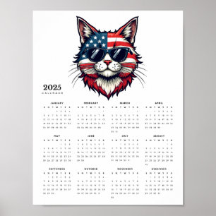 Poster Gato Patriótico no Calendário Vermelho, Branco e A