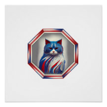 Gato Patriótico Vermelho Branco & Azul na Moldura