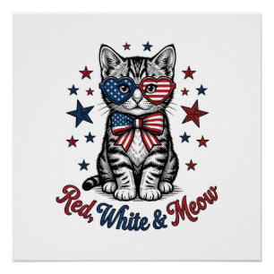 Póster Gato Patriótico Vermelho Branco e Meow Design Vint
