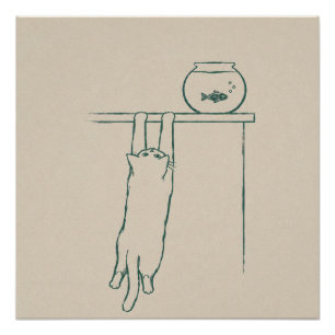 Póster Gato Pendurado na Prateleira Espionando Aquário – 