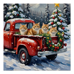 Póster Gato Persa Caminhão Vermelho Natal Feriado