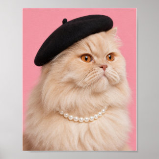 Poster Gato Persa com Colar de Pérolas e Boina