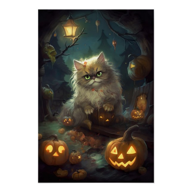 Póster Gato Persa de Halloween com Abóboras Assustadoras (Frente)