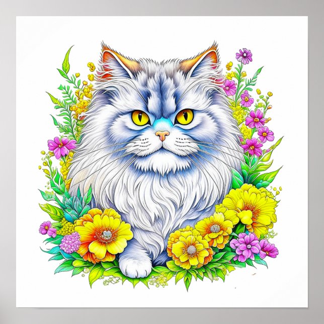 Poster Gato Persa em Flores Amarelas e Rosa (Frente)