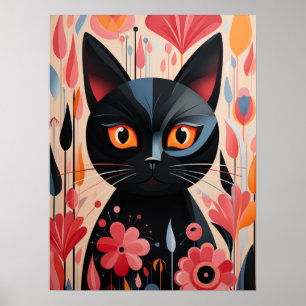 Poster Gato Preto Adorável Com Flores Rosa
