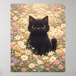 Poster Gato Preto Adorável em um Campo de Margaridas Post
