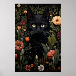 Poster Gato Preto Amante de Flores Impressão, Gato Floral