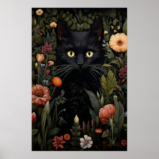 Poster Gato Preto Amante de Flores Impressão, Gato Floral