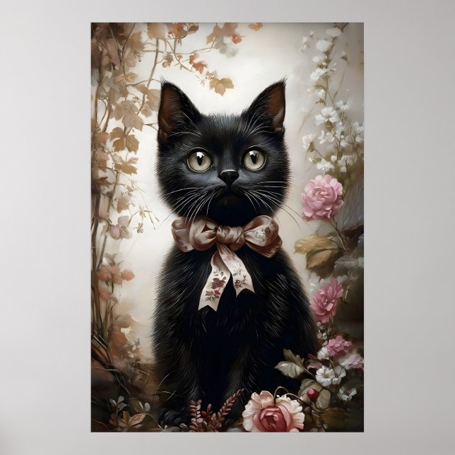 Poster Gato preto amante de flores impressão, vitoriano v (Frente)