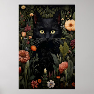 Poster Gato preto amante de flores impresso, gato floral 