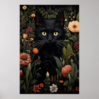 Poster Gato preto amante de flores impresso, gato floral 
