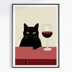 Poster Gato Preto Amante de Vinho Divertido