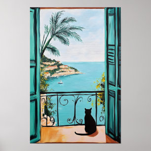 Poster Gato Preto Apreciando o Belo Mar