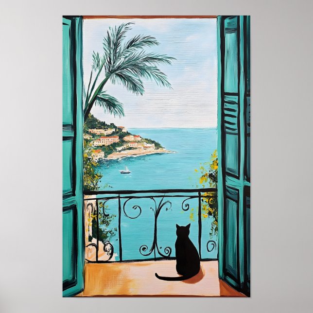 Poster Gato Preto Apreciando o Belo Mar (Frente)