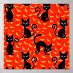 Poster Gato Preto Assustador Gato Halloween Bats Laranja