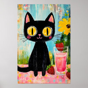Poster Gato Preto Bebendo Suco de Morango