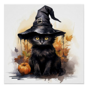 Póster Gato preto bonito com chapéu preto grande