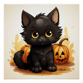 Póster Gato Preto Bonito com Pumpkins
