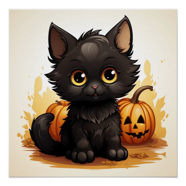 Póster Gato Preto Bonito com Pumpkins (Frente)