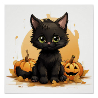 Póster Gato Preto Bonito com Pumpkins